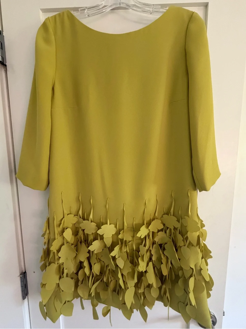 Mini Dress with 3/4 Sleeves and Leaf Appliqué Hem in Chartreuse - Picture 1 of 4